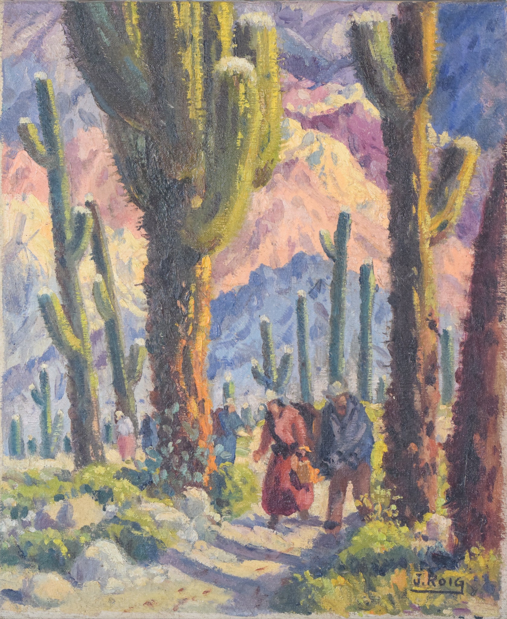 A painting of a group of people walking through a desert.