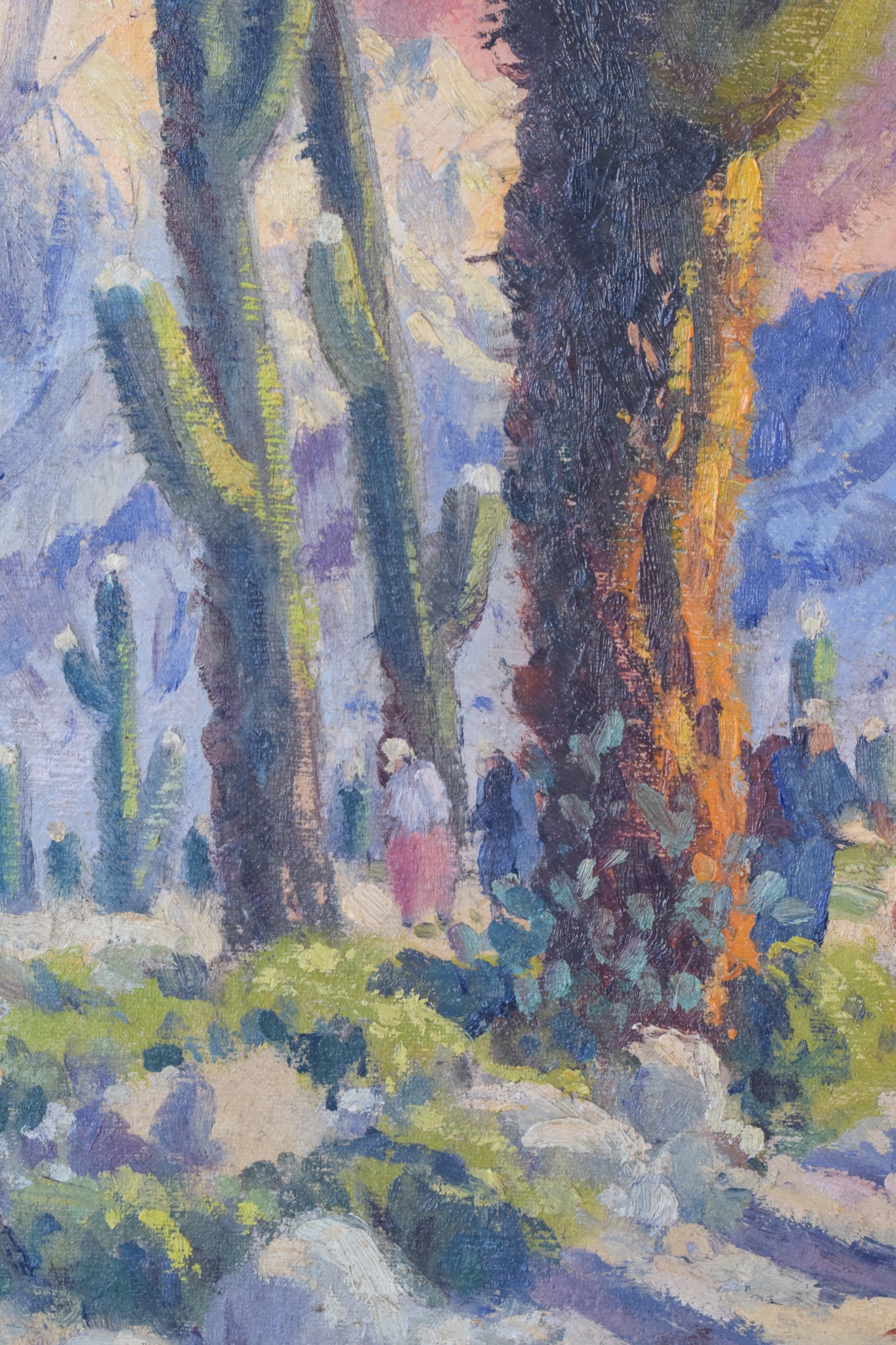 A painting of a group of people walking through a desert.