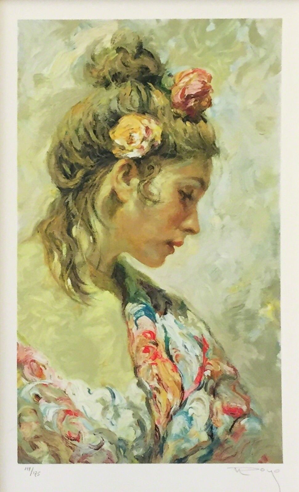 A painting of a woman with a flower in her hair.