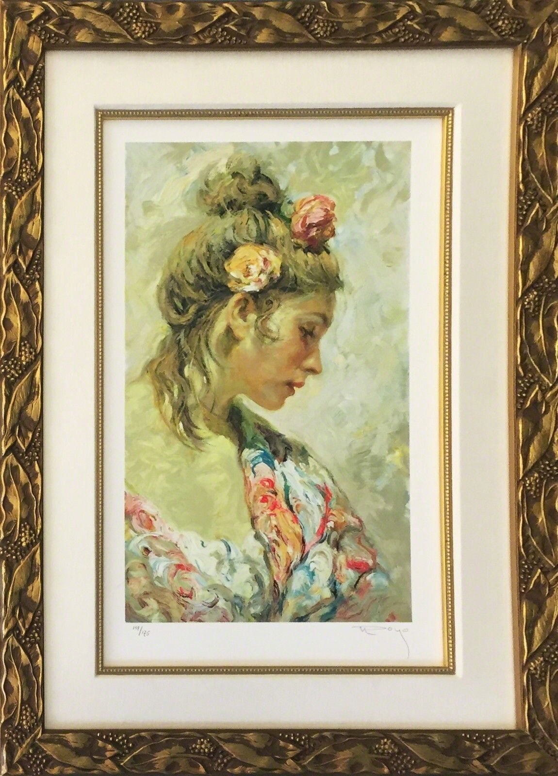 A painting of a woman with a flower in her hair.