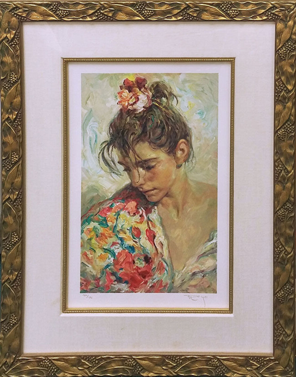 A painting of a woman with a flower in her hair.