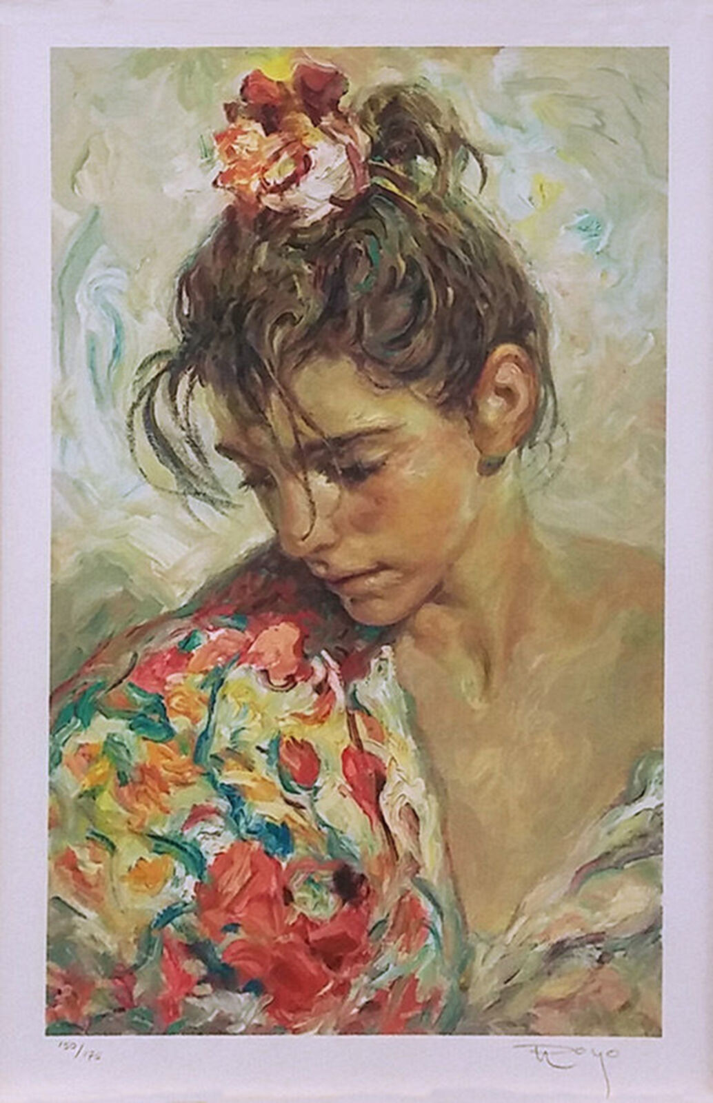 A painting of a woman with a flower in her hair.