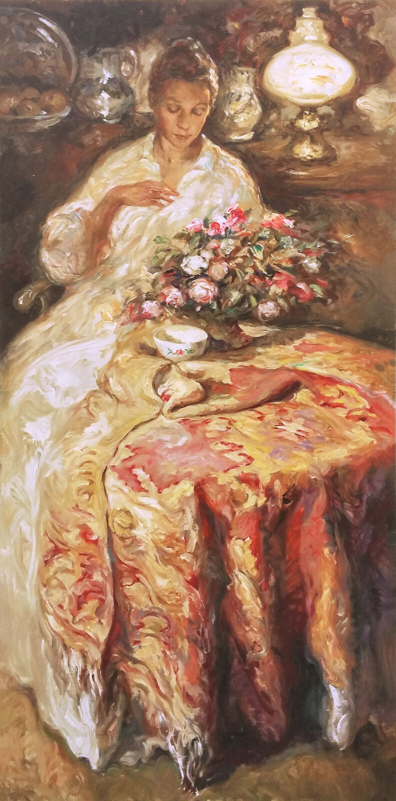 A painting of a woman sitting at a table with flowers.