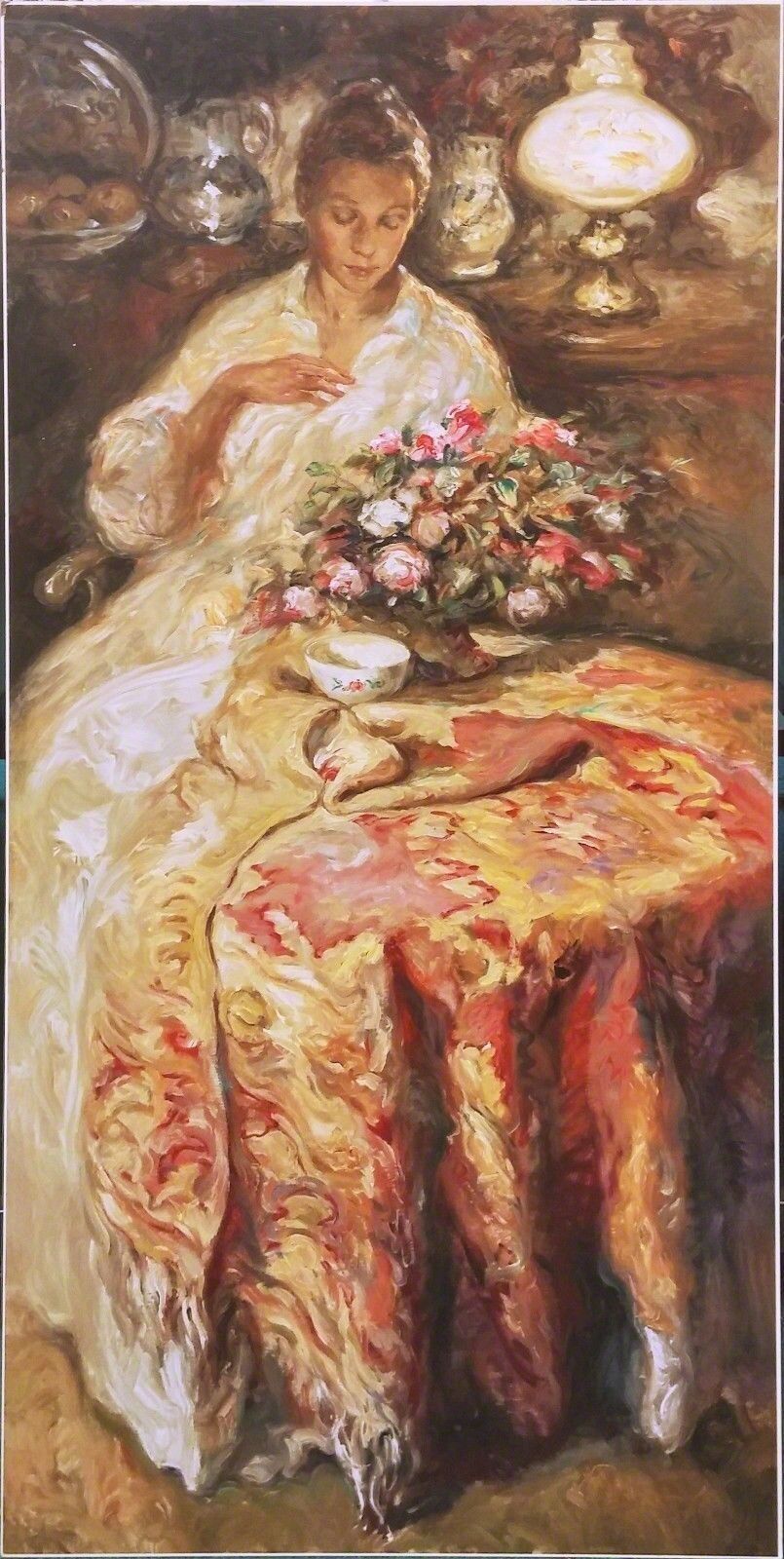 A painting of a woman sitting at a table with flowers.