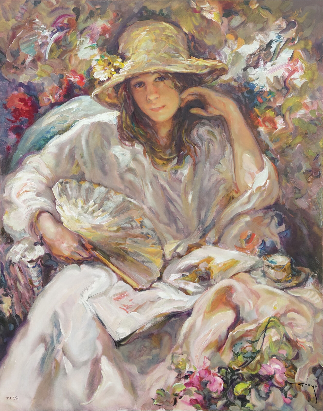 A painting of a woman sitting in a chair with a fan.
