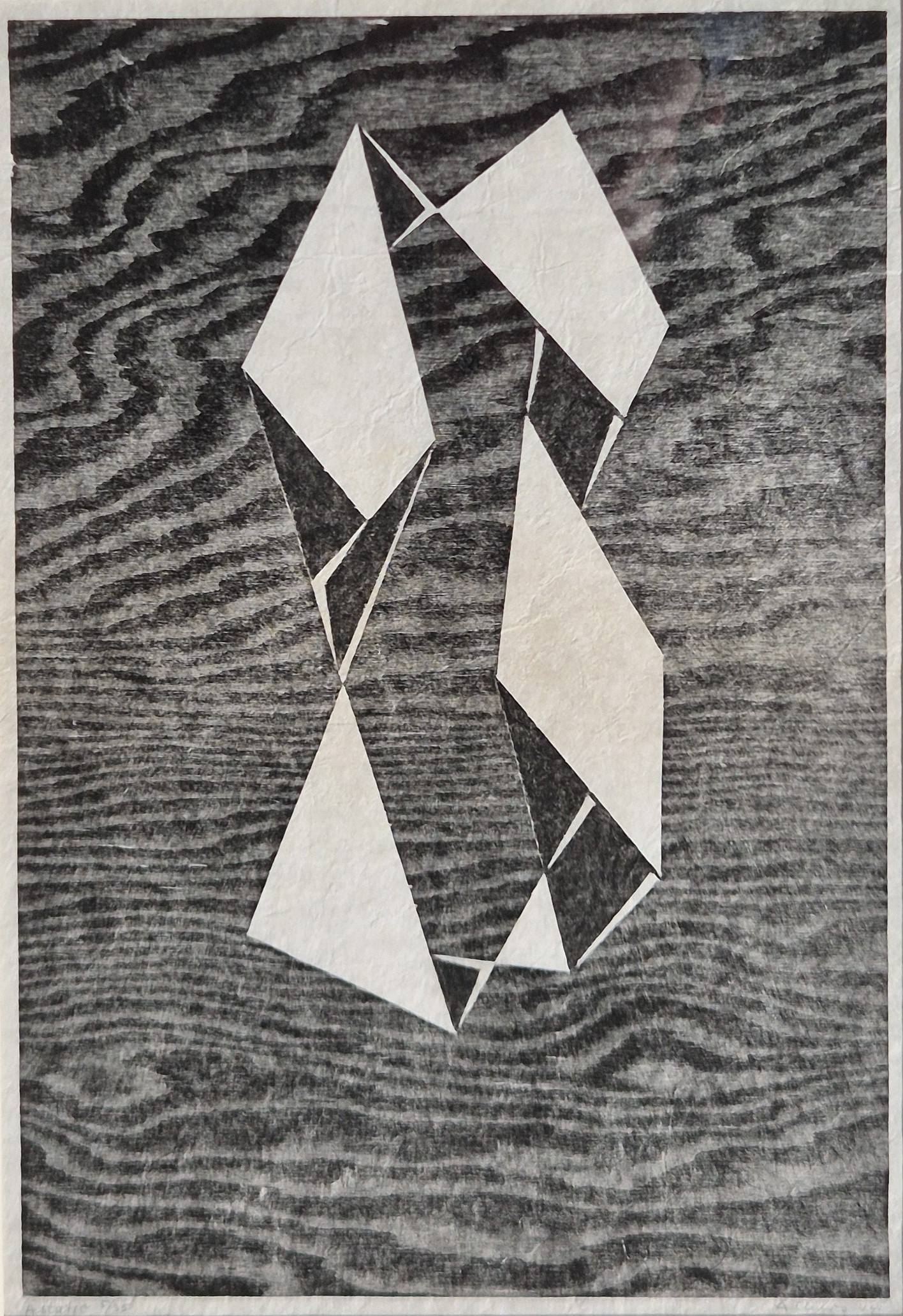 A black and white drawing of a geometric design.