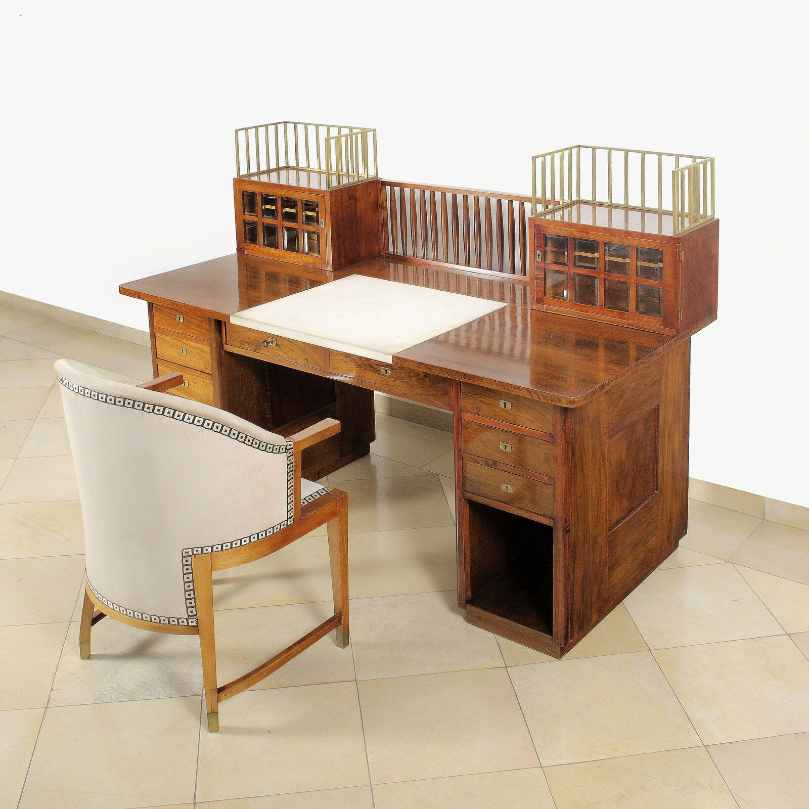 Artwork by Josef Hoffmann, Desk and Chair, Made of Walnut, mahogany marquetry, hammered brass fittings Desktop with new leather, chair with new leather upholstery 