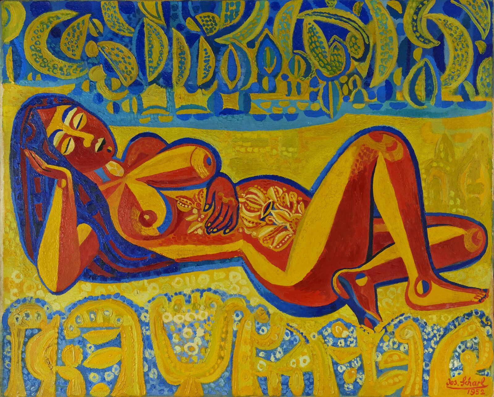A painting of a woman laying down on a yellow background.