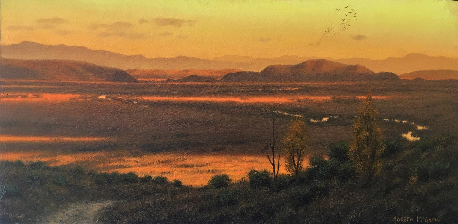 A painting of a sunset over a field with mountains in the background.