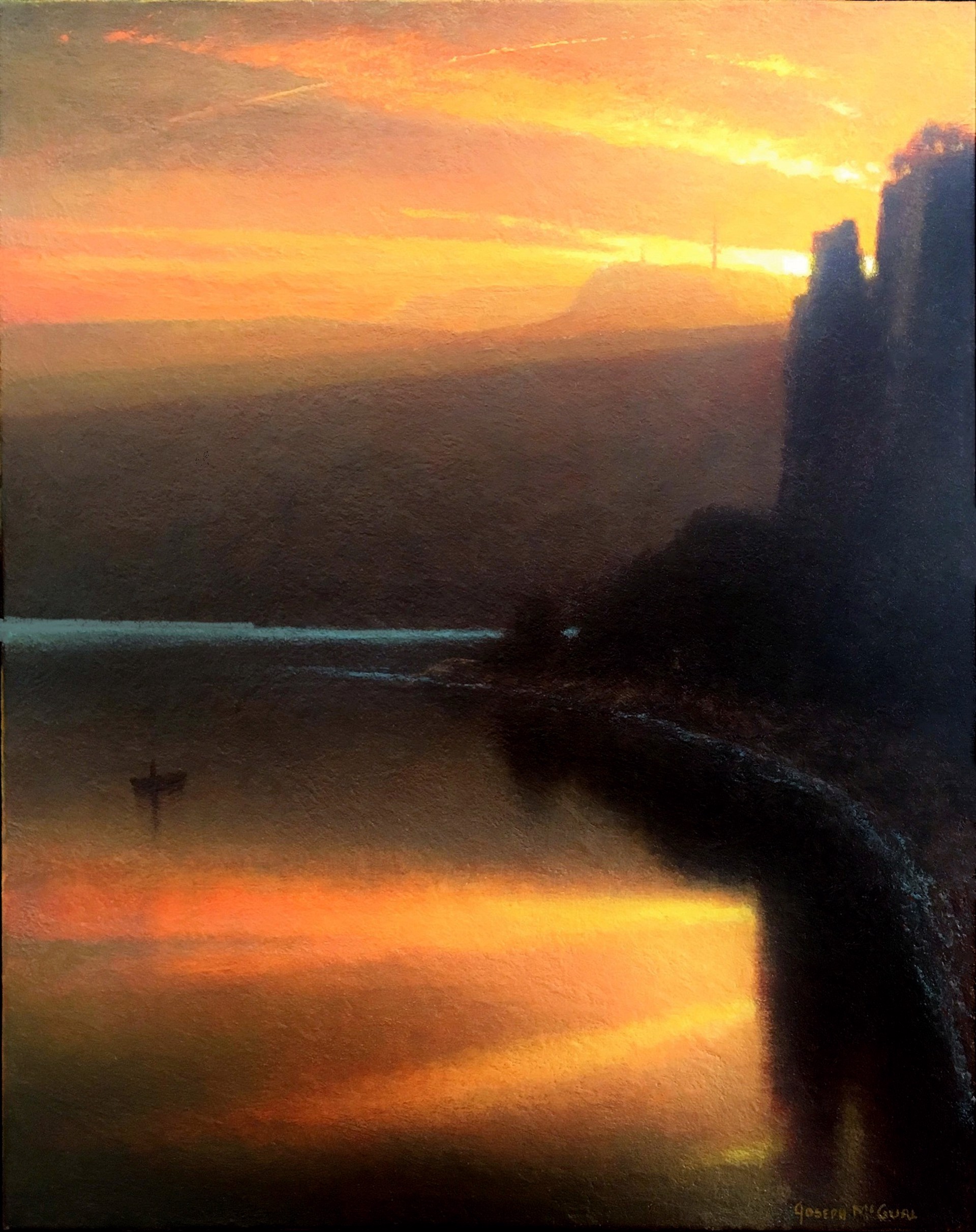 A painting of a sunset over a body of water.