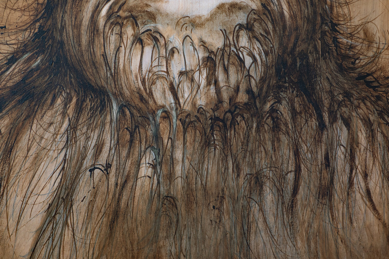 A hyper-realistic charcoal sketch of a rhinoceros head on a wood-grain background with white text.