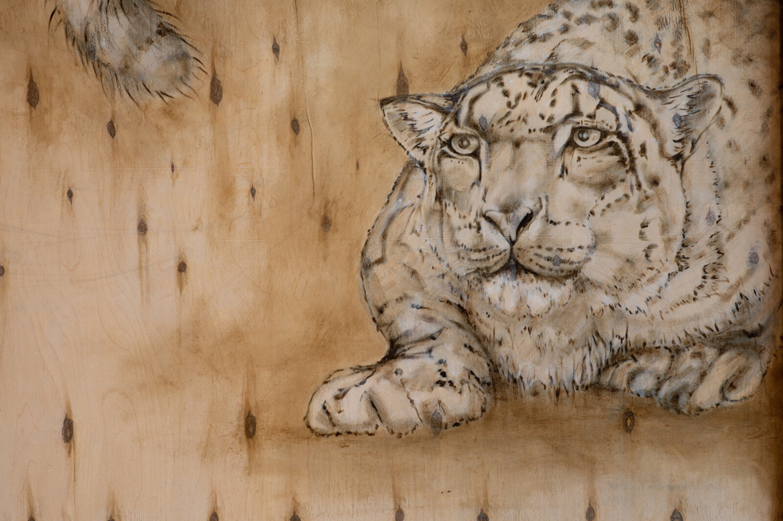 A realistic leopard resting on a weathered wooden surface, framed by industrial markings.