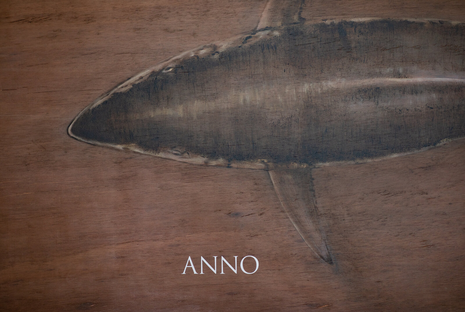 Artwork by Joseph Gregory Rossano, Thunnus thynnus (Atlantic Bluefin Tuna), Made of Repurposed materials - tar, whitewash, ink, wood 