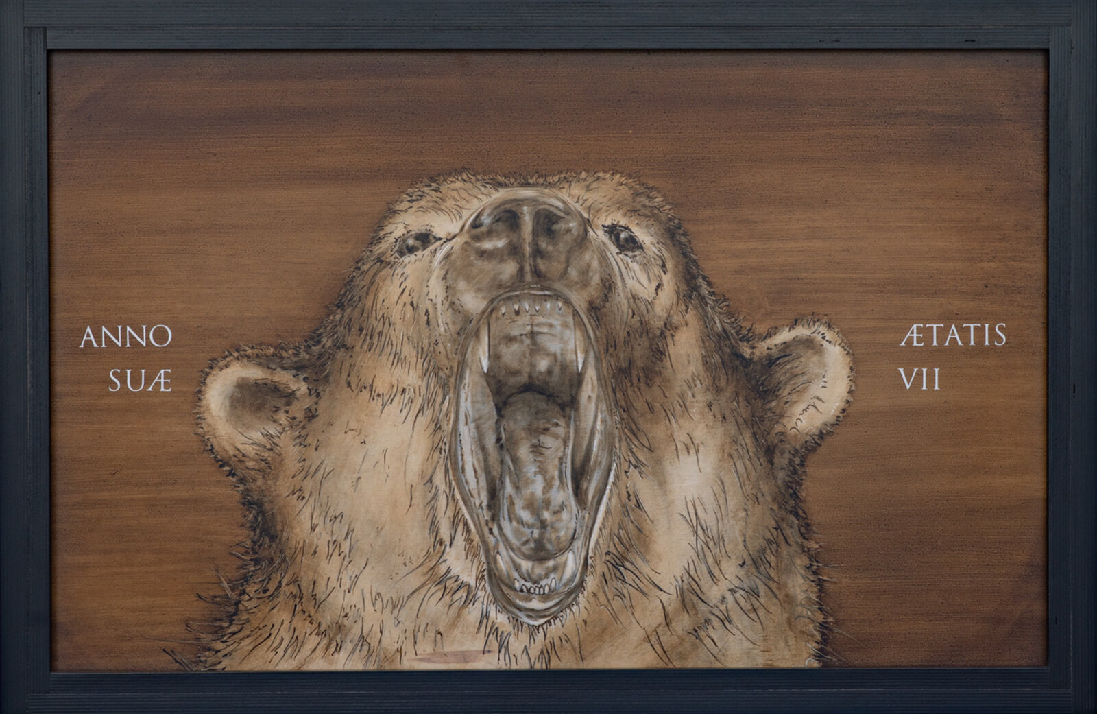 Artwork by Joseph Gregory Rossano, Ursus maritimus (Polar Bear), Made of Repurposed materials — Tar, whitewash, ink, wood 