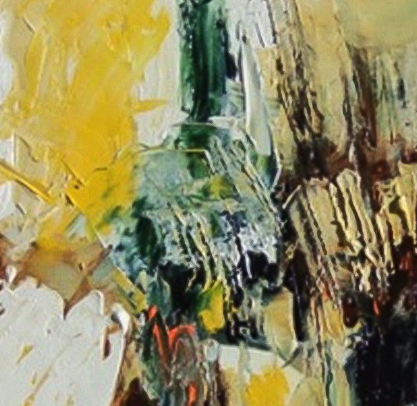 A painting of a vase of flowers on a table. 