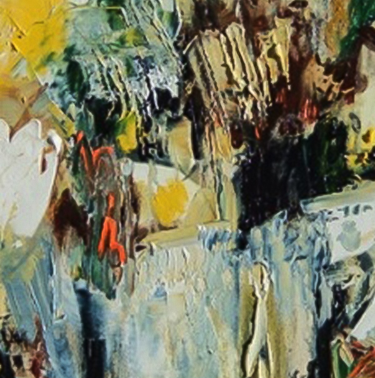 A painting of a vase of flowers on a table. 