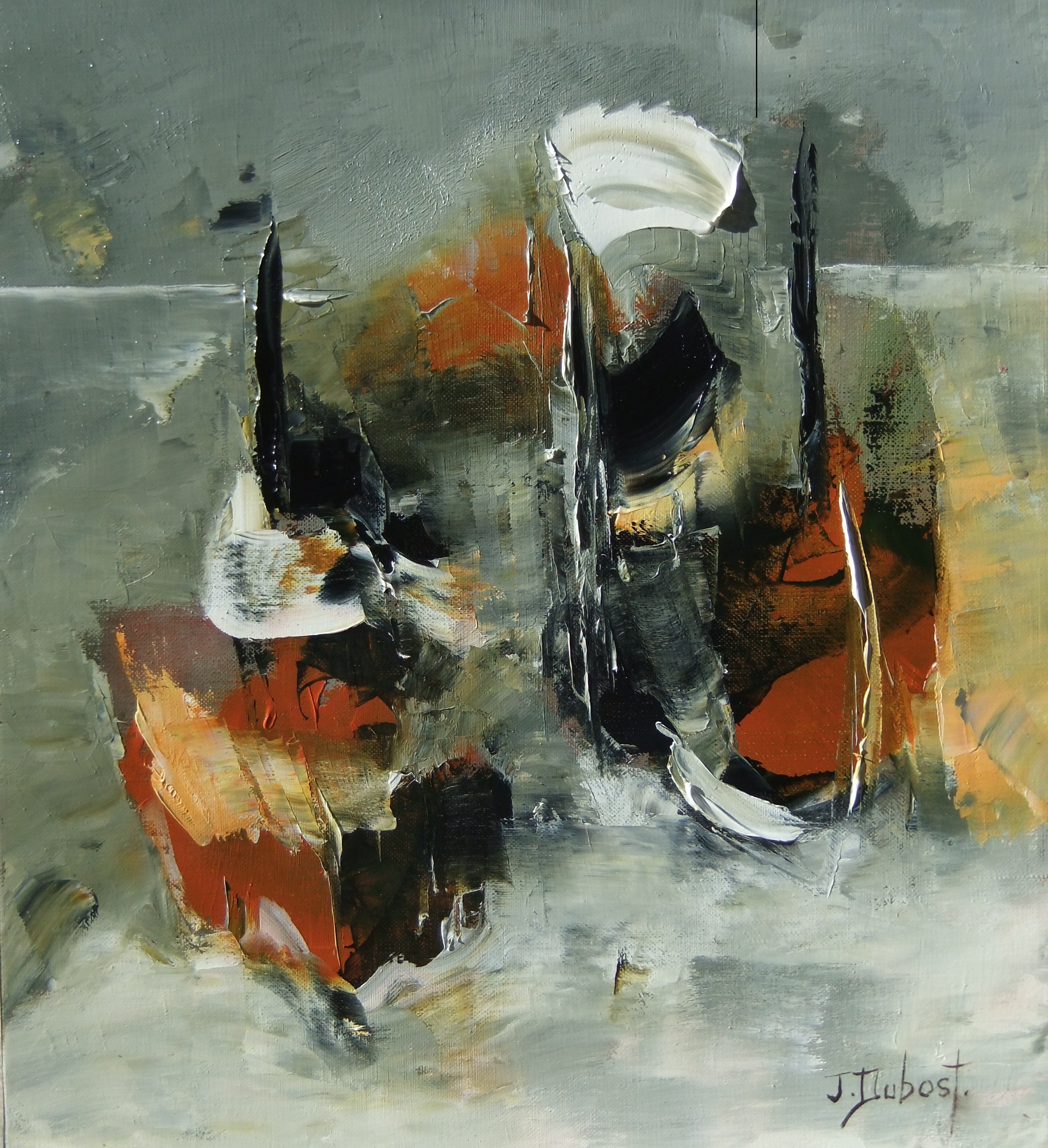 A painting of a black and white abstract painting on a gray background.