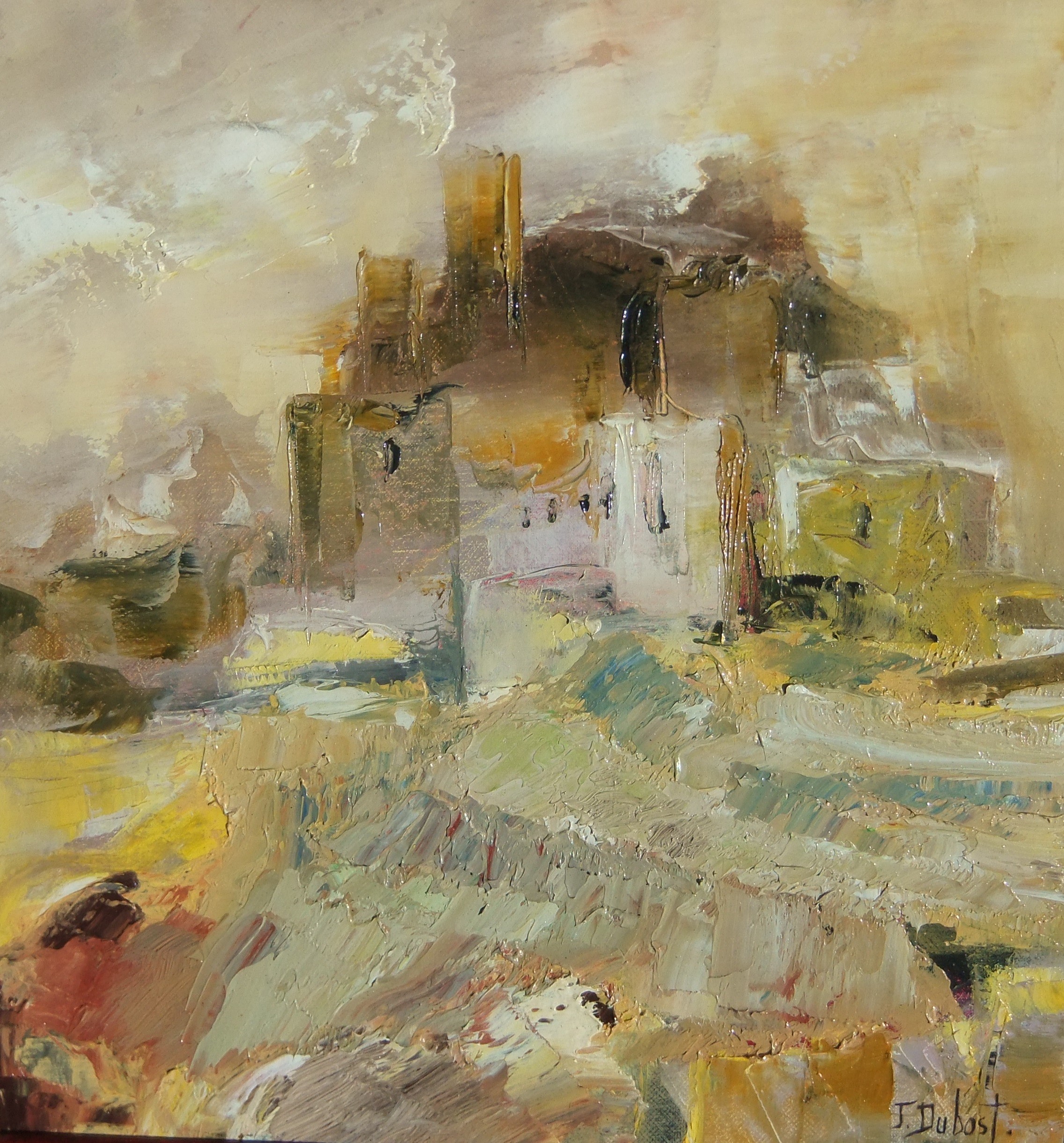 A painting of a cityscape with buildings in the background.
