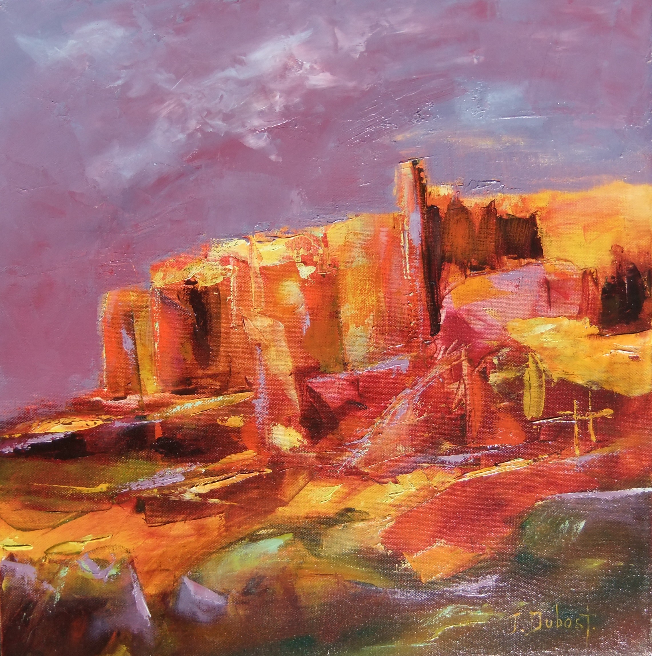 A painting of a landscape with a castle in the background.