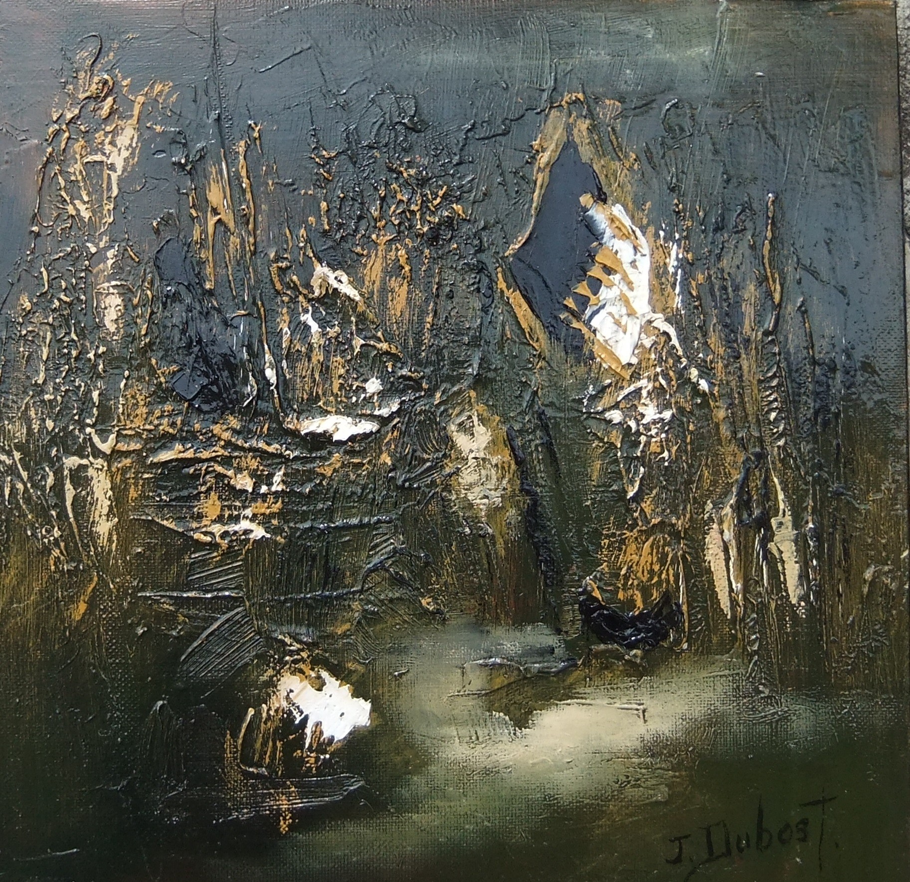 A painting of a black and gold painting on a wall.