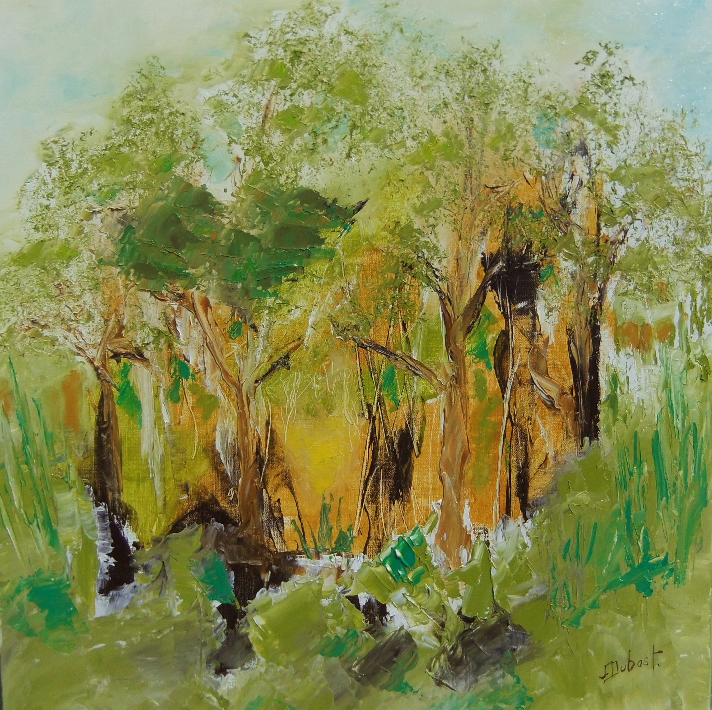 A painting of trees in a wooded area with green grass.