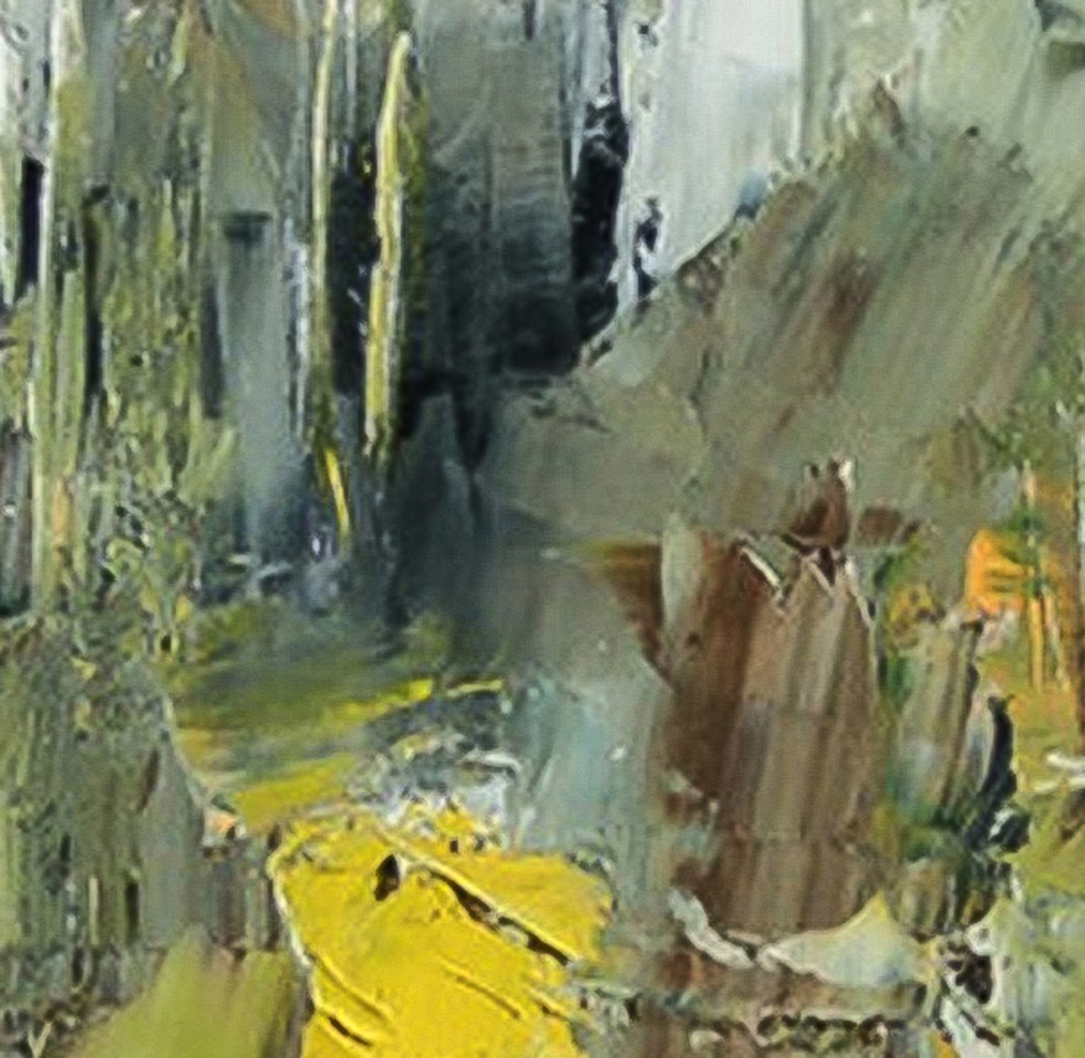 A painting of a yellow leaf in the middle of a forest.