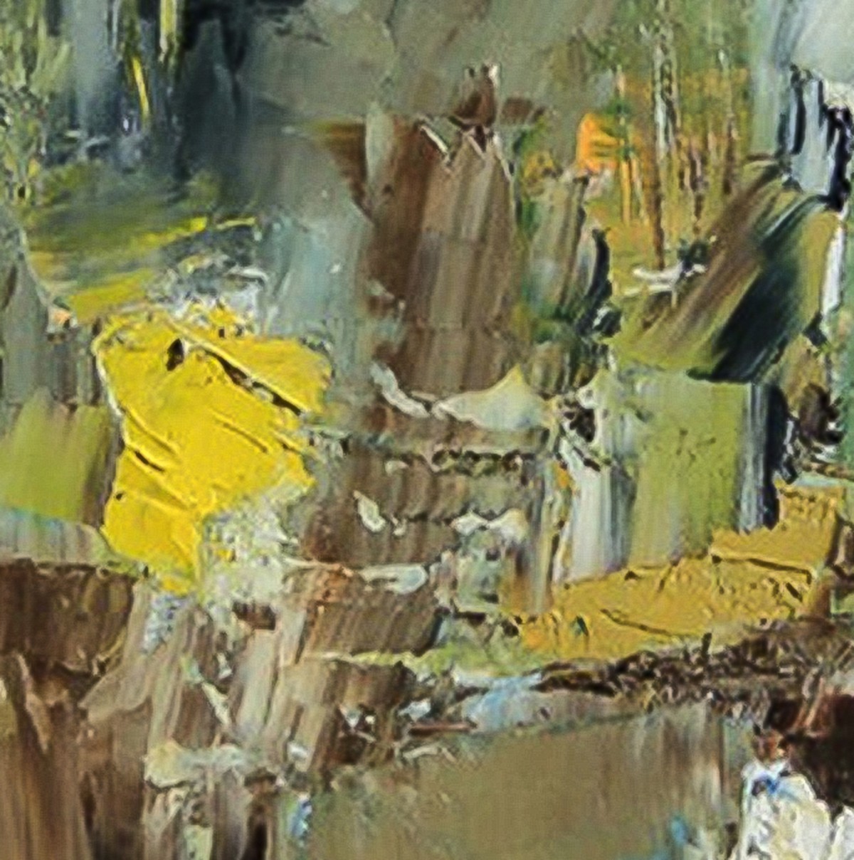 A painting of a yellow leaf in the middle of a forest.