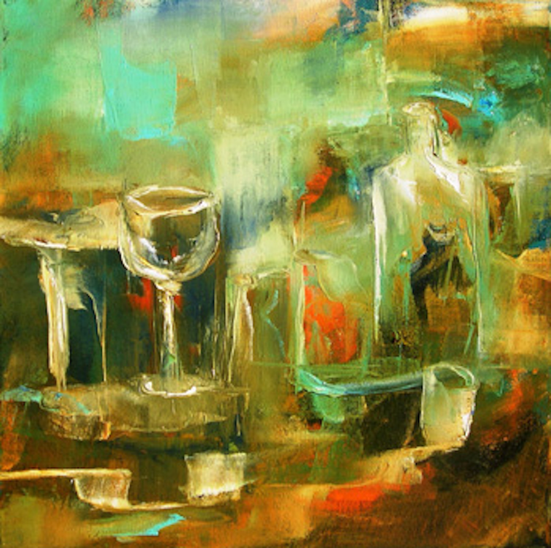 A painting of a glass of wine on a table.