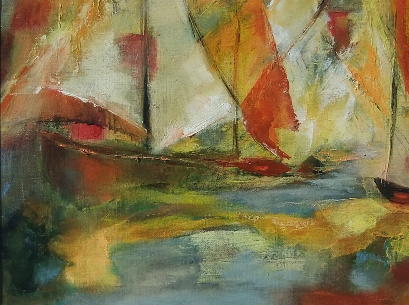 A painting of a sailboat in the water. 