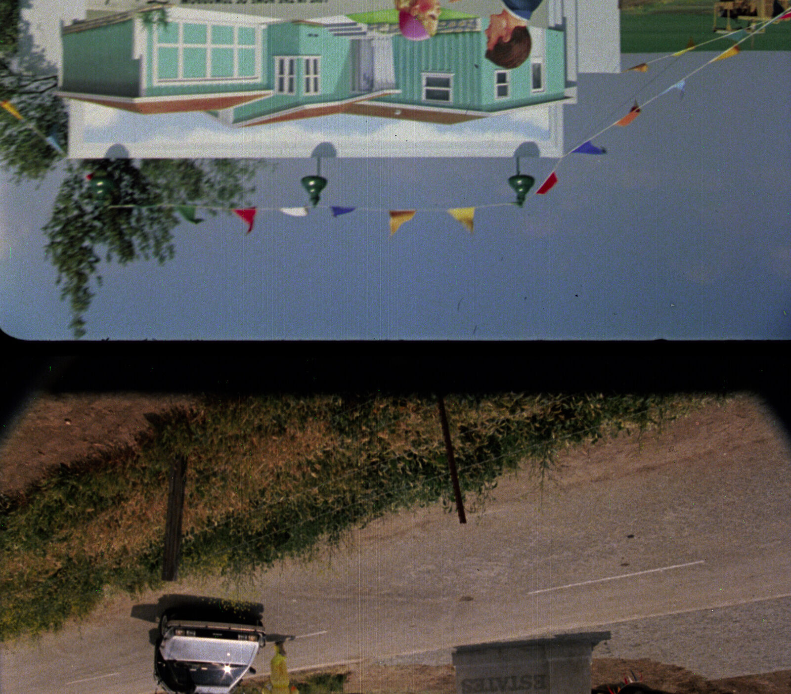 A surreal, upside-down composition juxtaposing a festive house scene with a mundane roadside view.