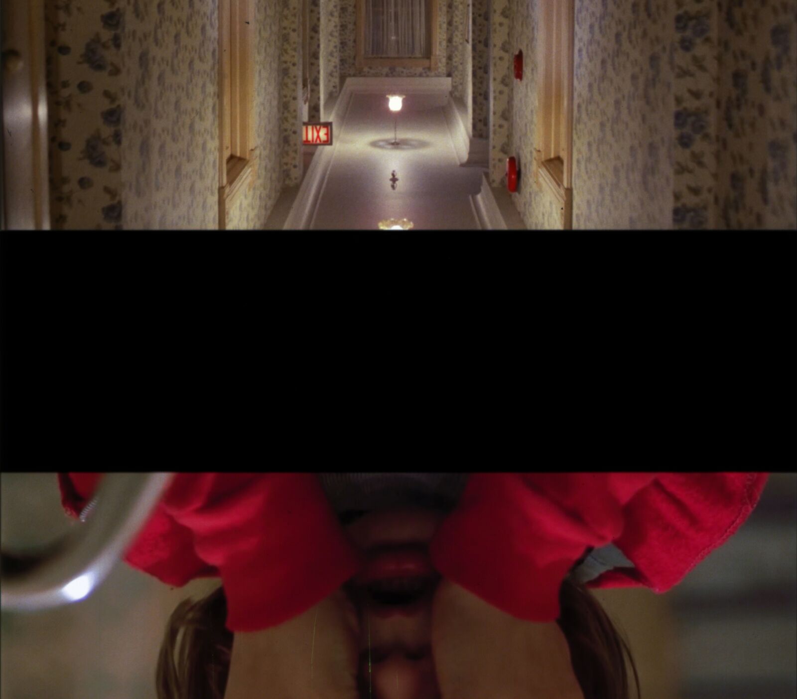 A split-screen composition juxtaposing a long, eerie hallway with a close-up of a person in red clothing.