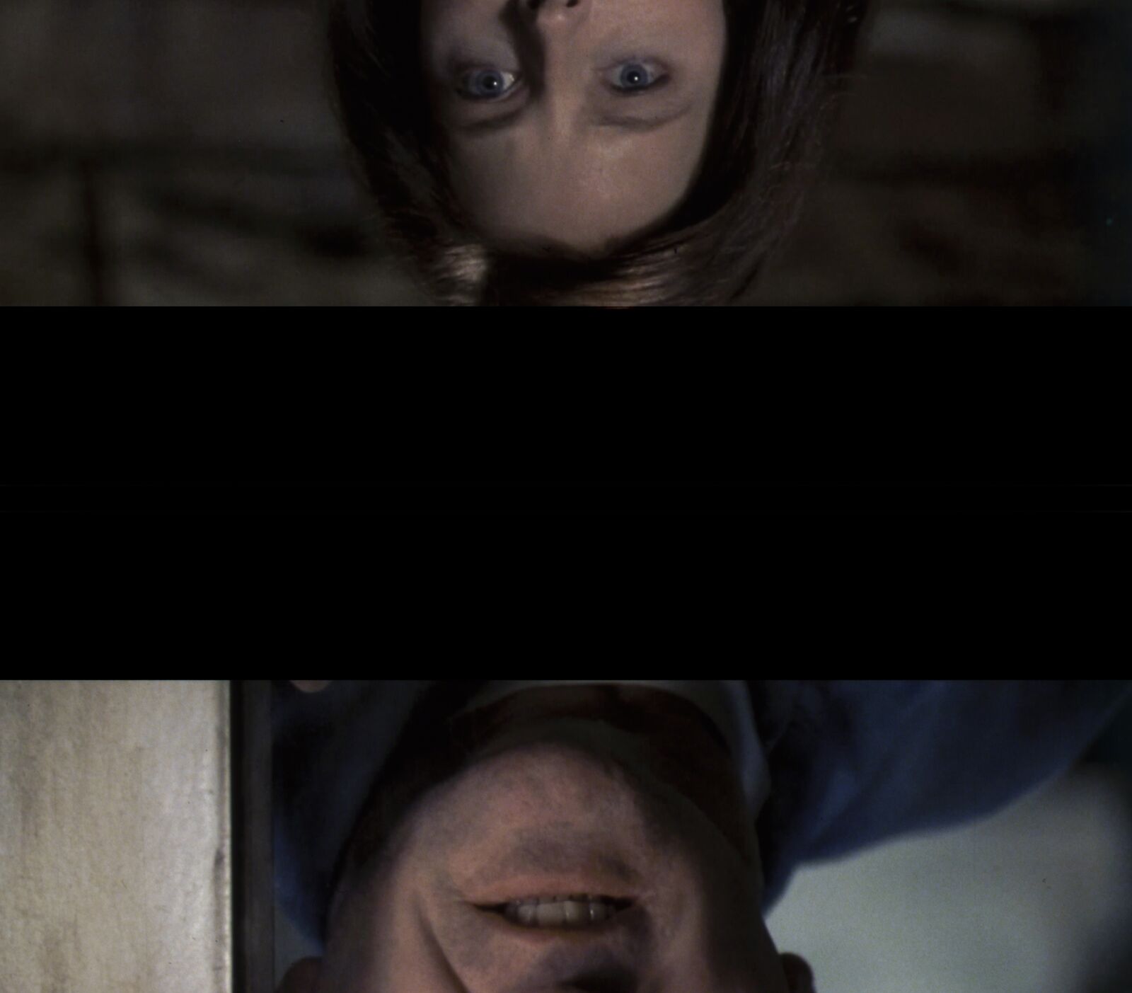 A split-screen composition juxtaposing a pale, wide-eyed figure against a dark background with a close-up of a face in shadow.