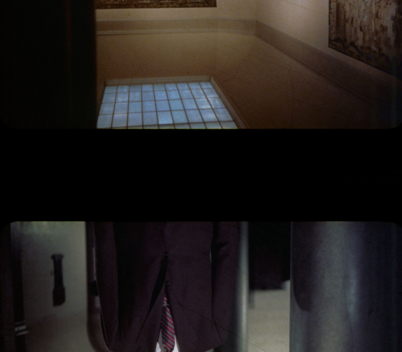 A split-screen composition juxtaposing a dimly lit interior with a grid window against a close-up of a person's torso in formal wear.