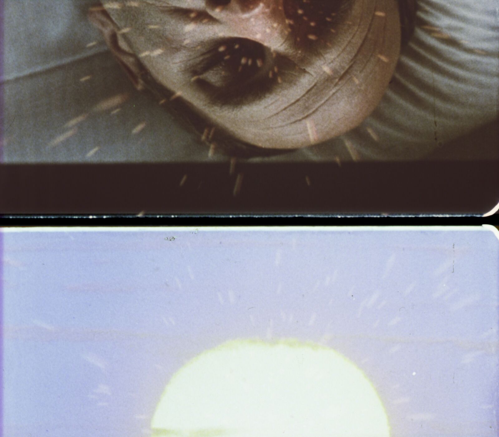 A split-screen composition juxtaposing a close-up of a face with a dreamy landscape.