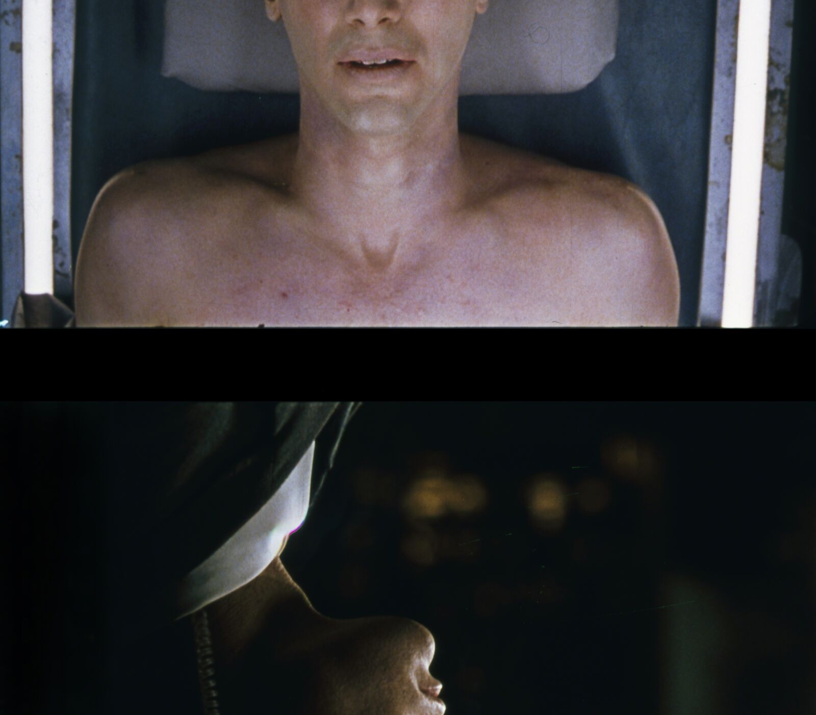 A diptych of a shirtless figure and a profile view against a dark background.