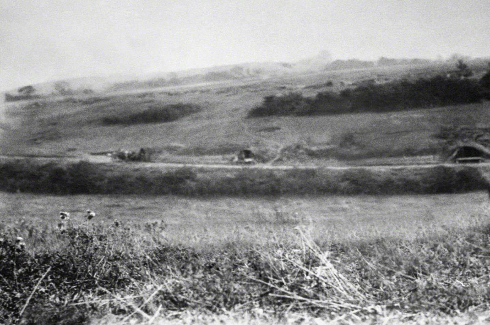A grainy black-and-white landscape photograph capturing a distant hillside with a small structure and foreground vegetation.