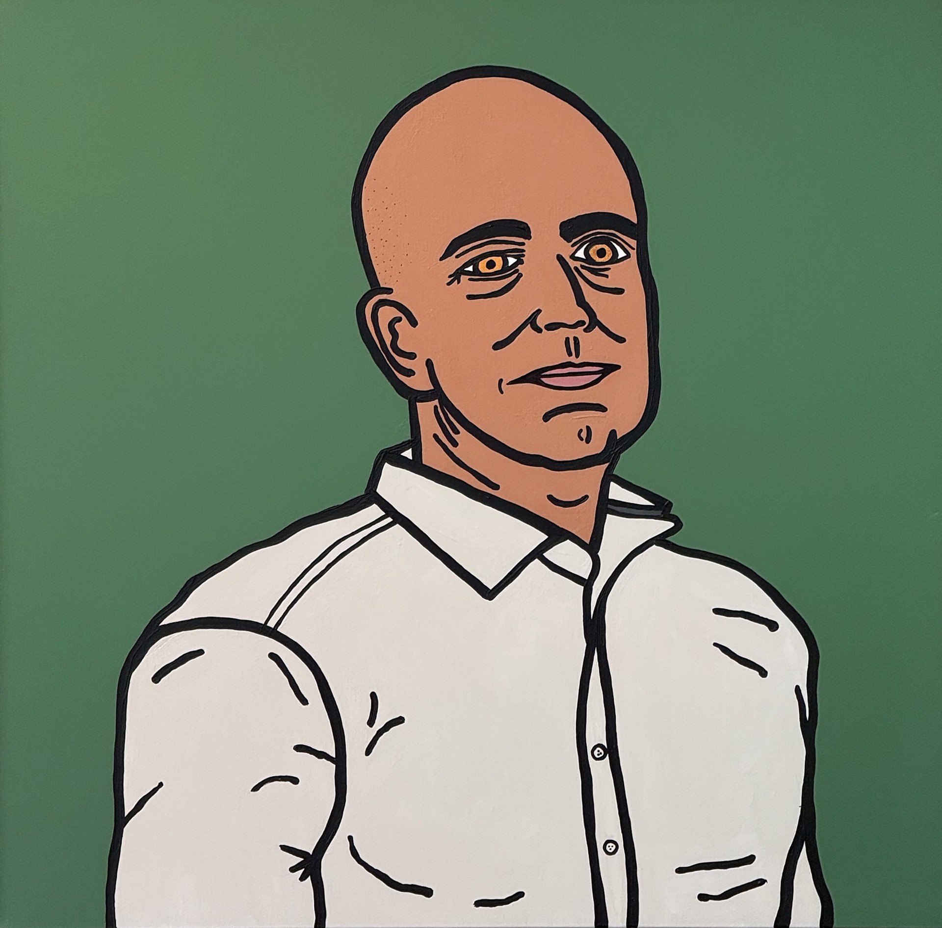 A drawing of a bald man in a white shirt.