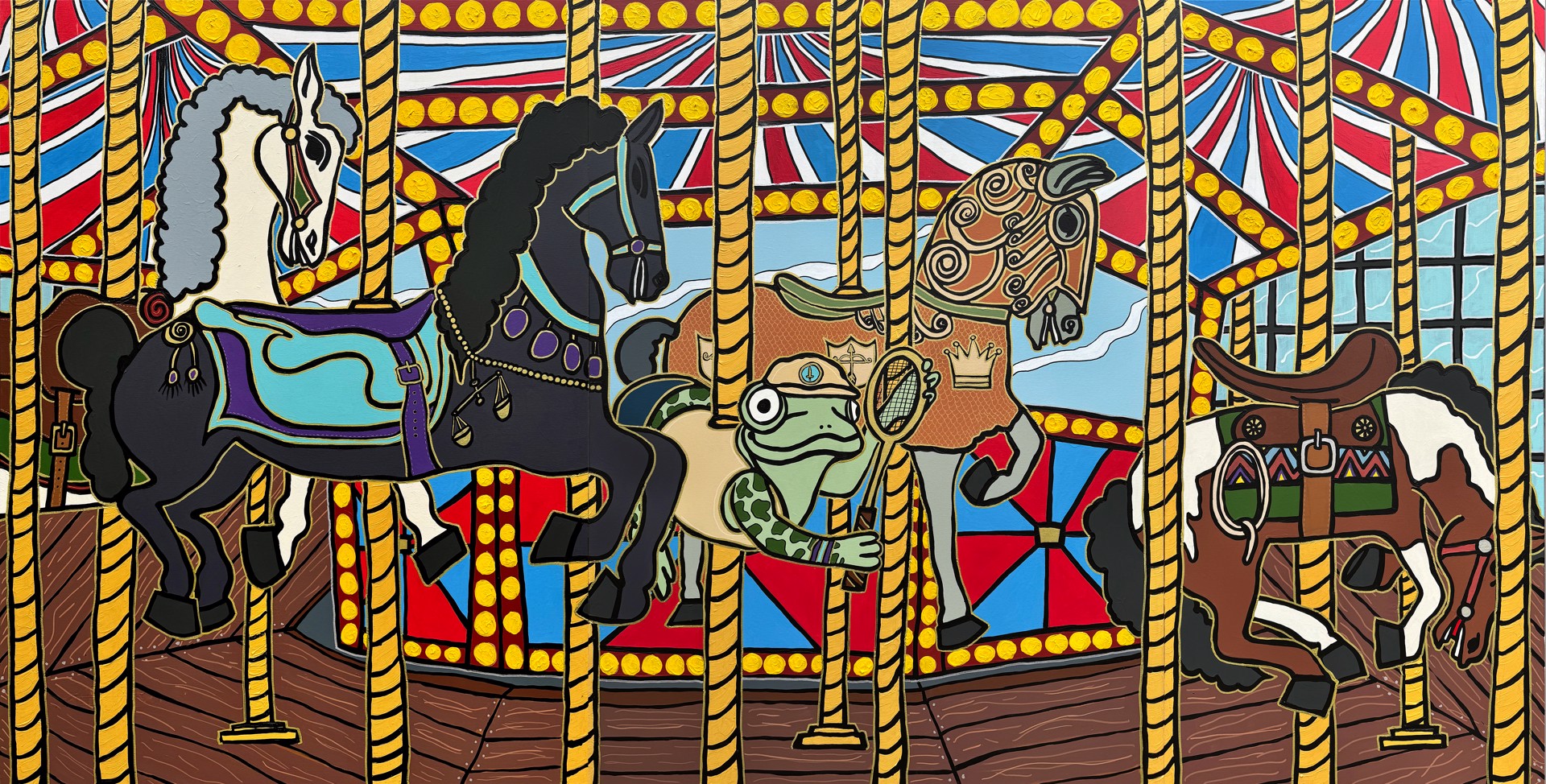A painting of a carousel with horses and a frog.