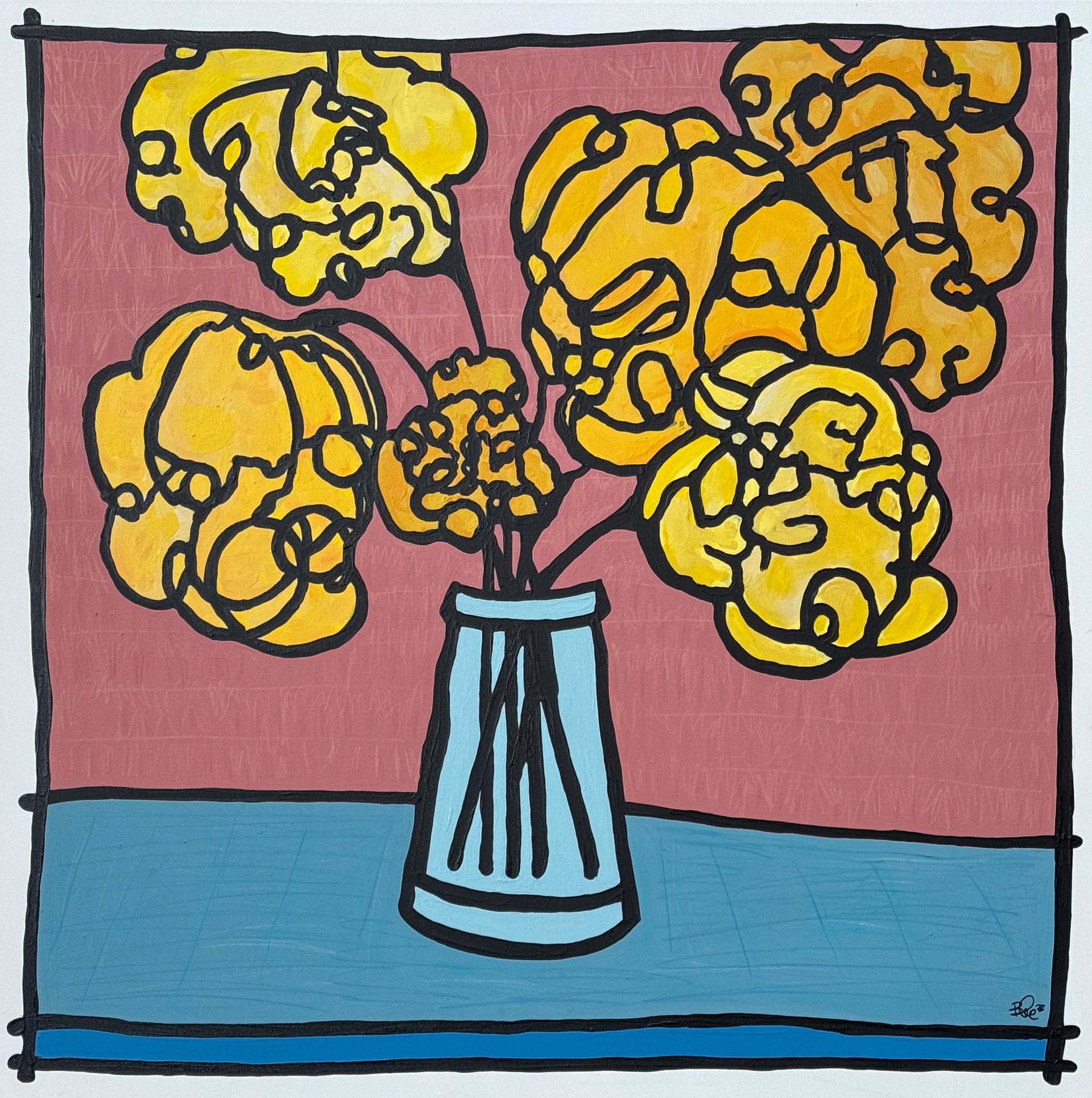 A painting of yellow flowers in a vase on a table.