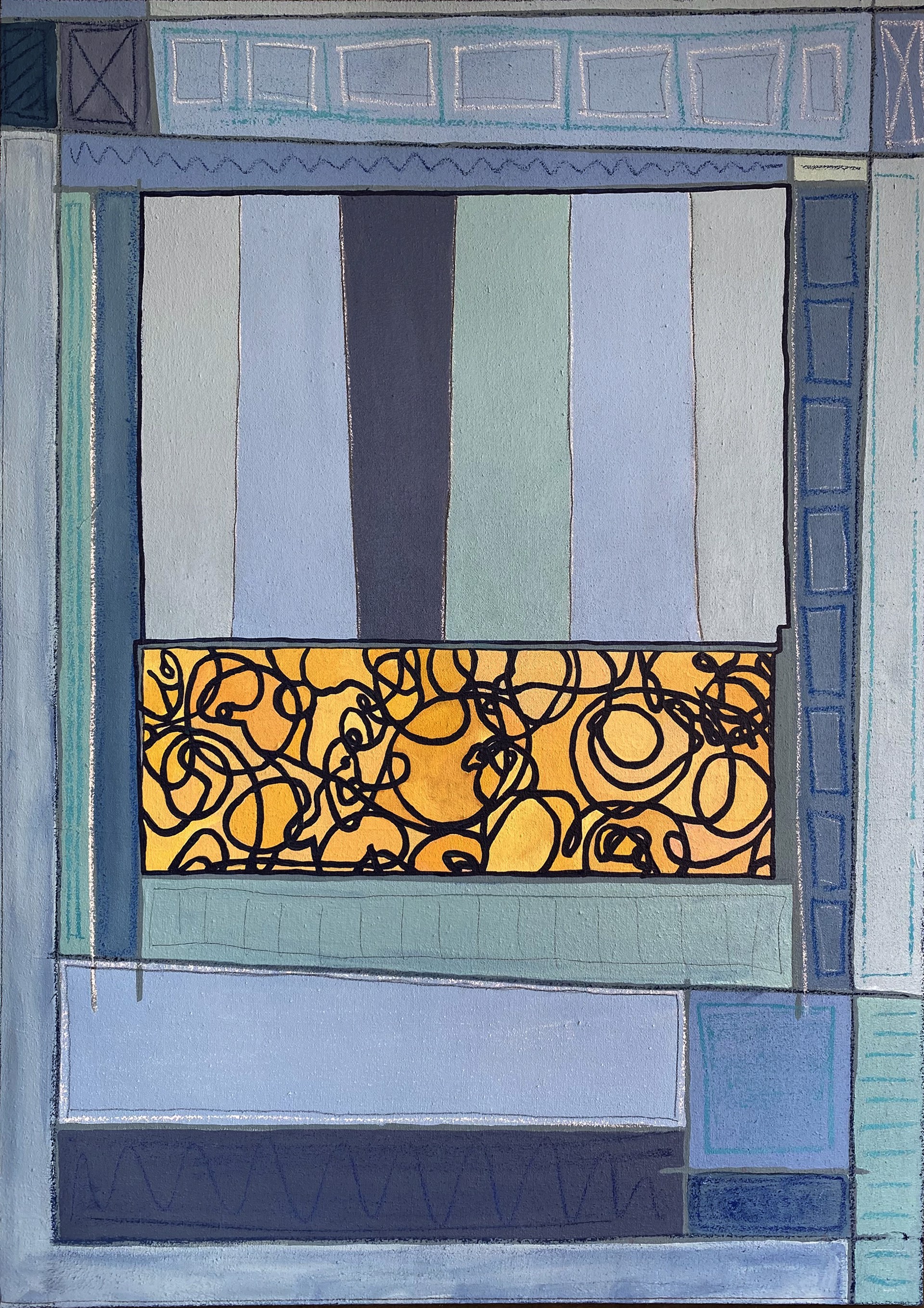 A painting of a window with a blue and yellow design on it.