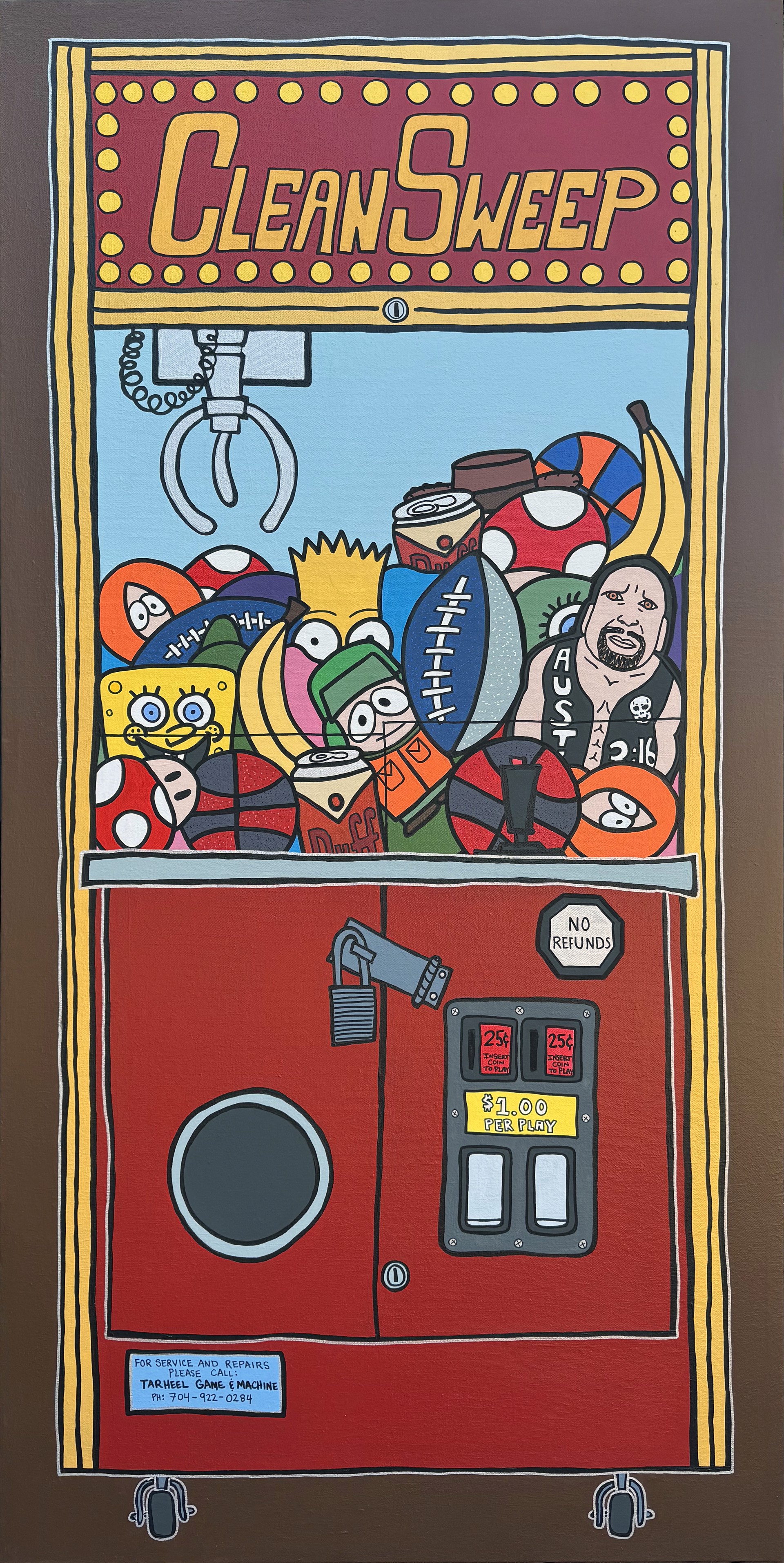 A painting of a vending machine with a bunch of items in it.