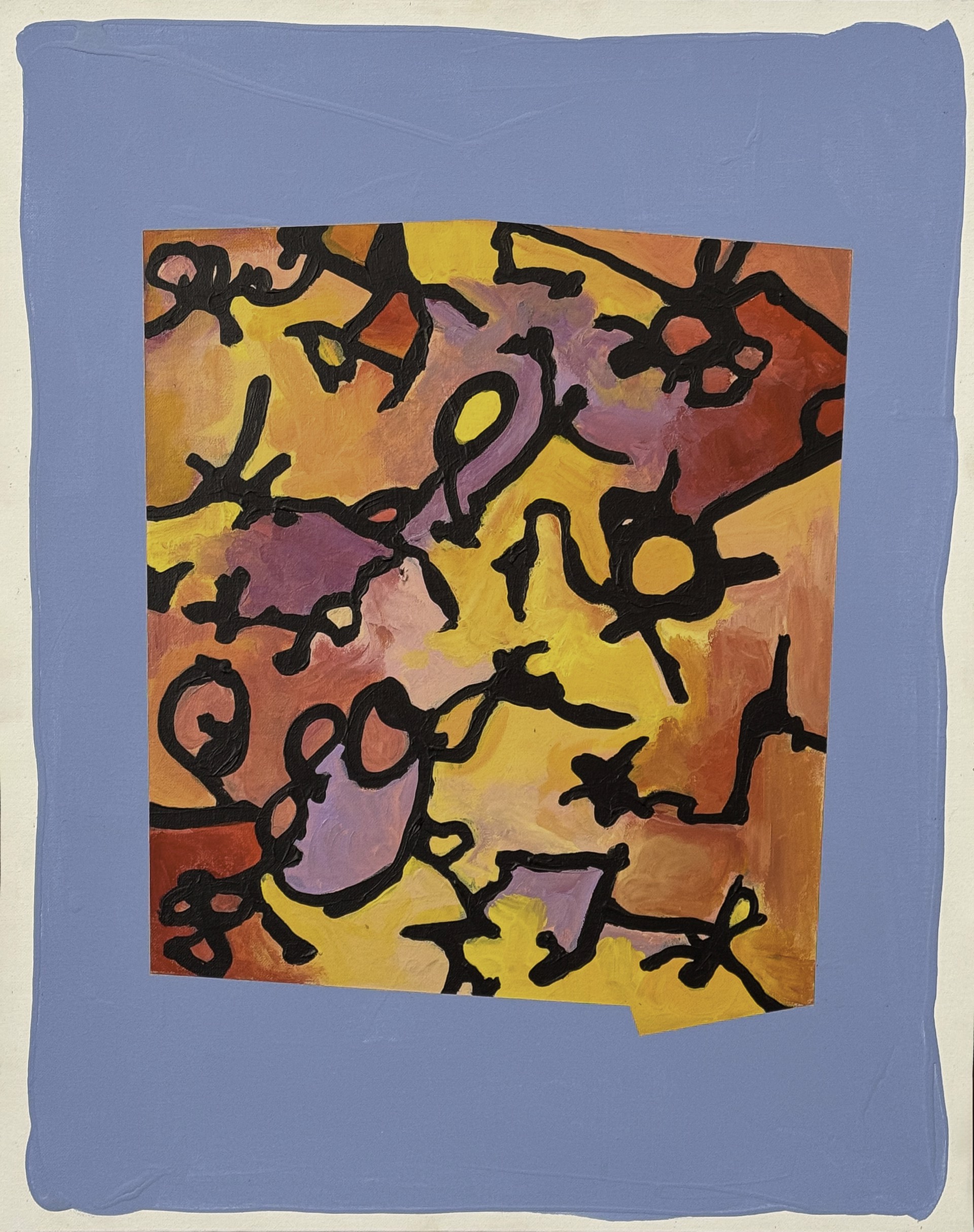 A painting on a piece of paper with a blue border.