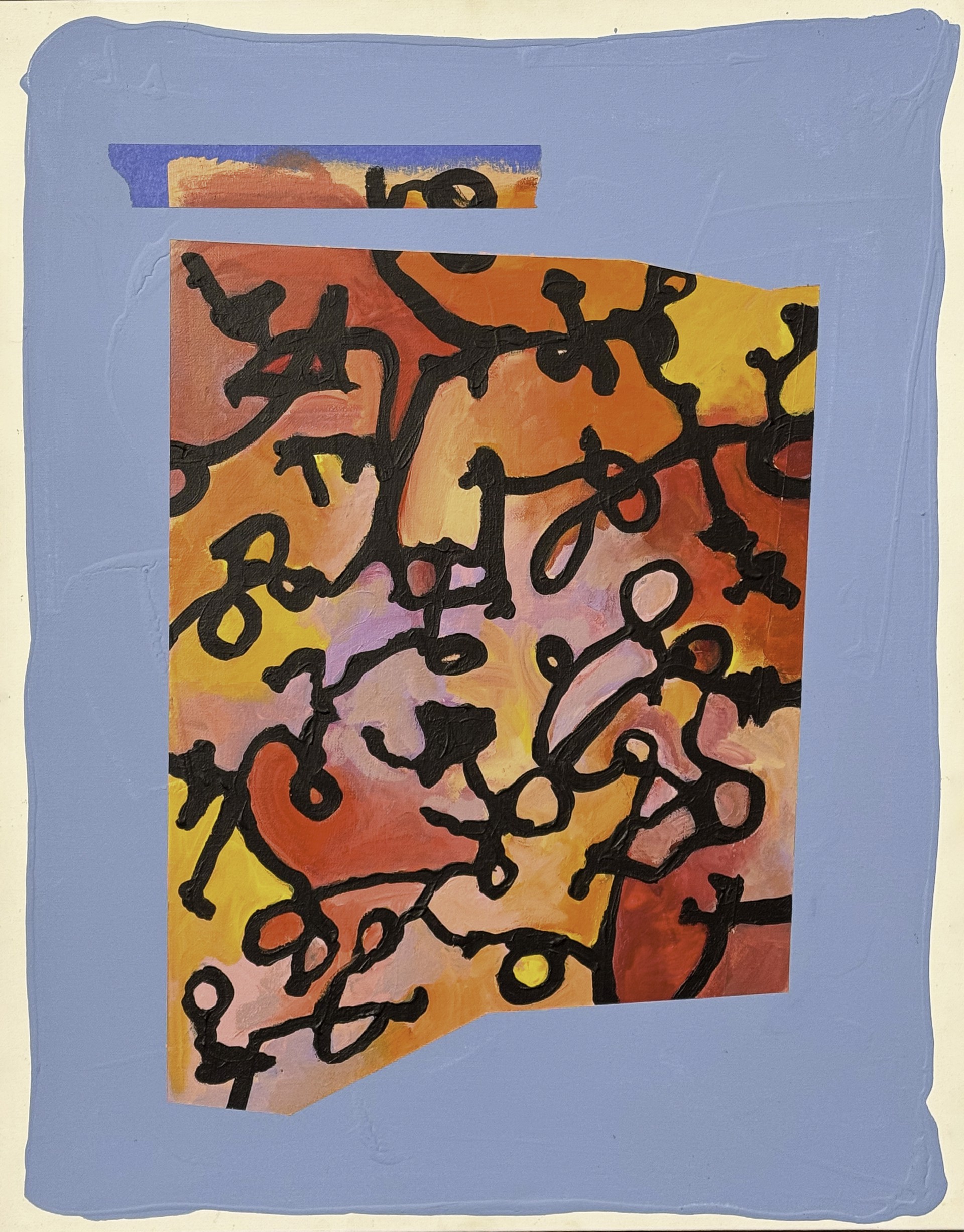 A painting on a piece of paper with a blue background.