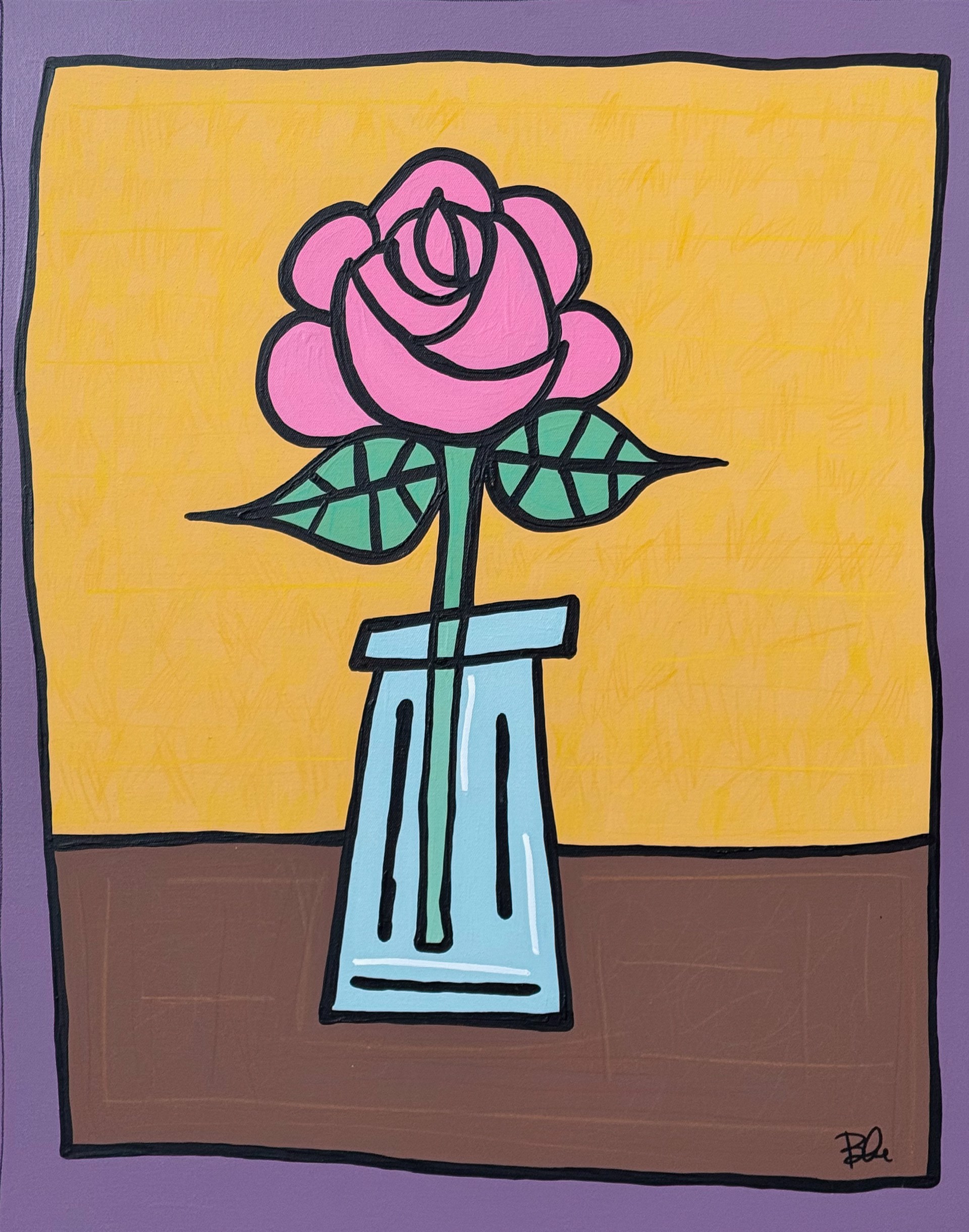 A painting of a pink rose in a blue vase.