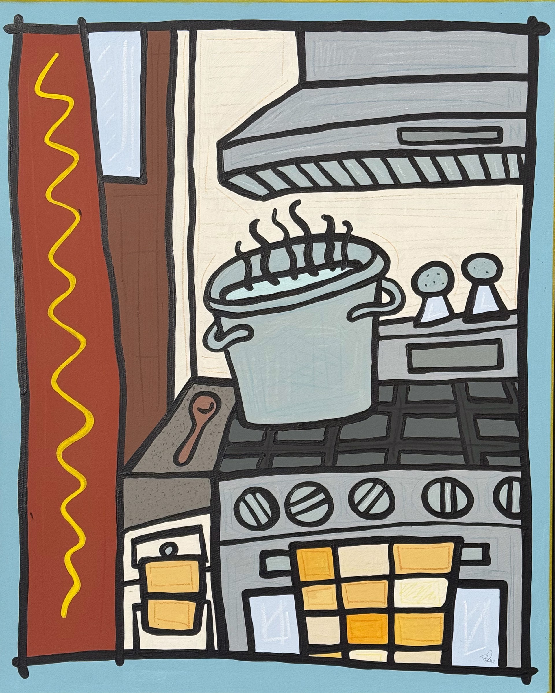 A drawing of a pot on a stove in a kitchen.