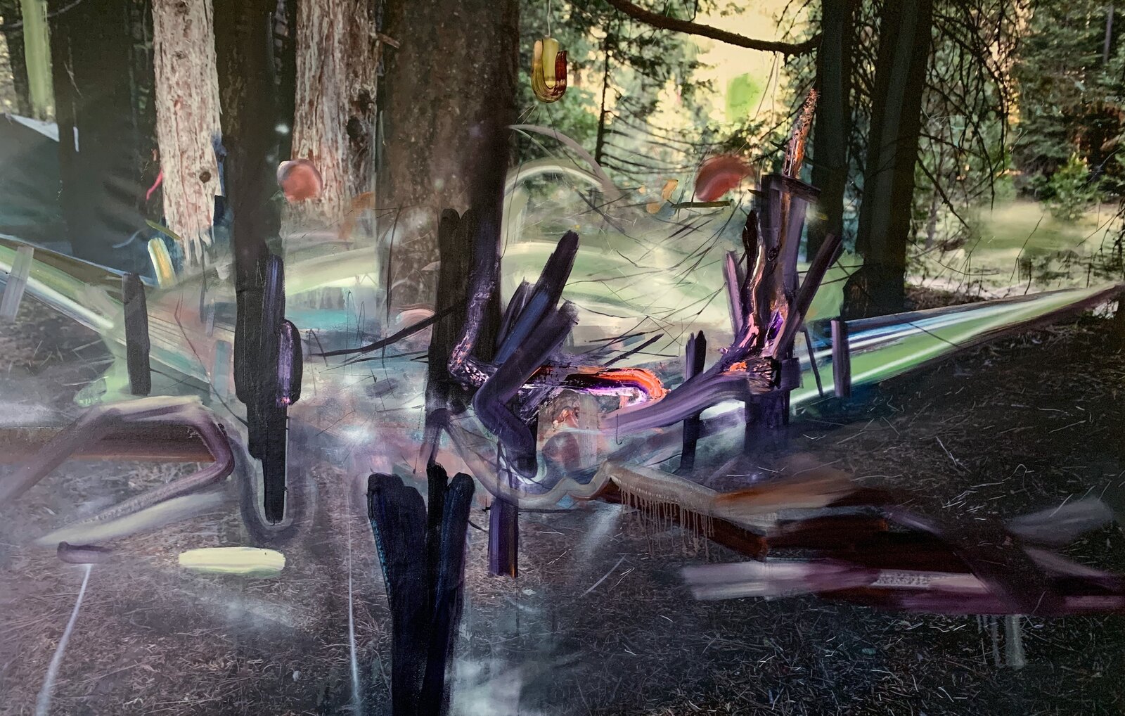 A layered mixed-media piece blending forest textures with abstract, colorful brushstrokes.