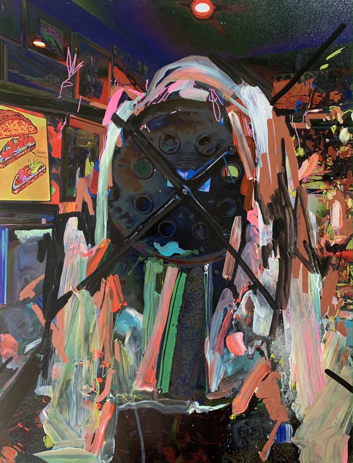 A chaotic, colorful painting of a clock face obscured by abstract brushstrokes and crossed black lines.
