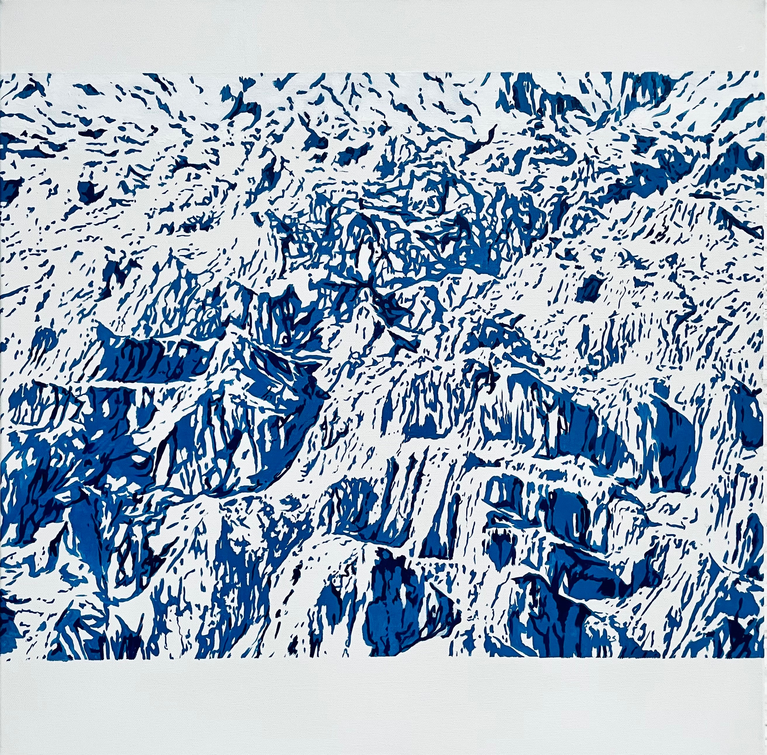 A blue and white print of a mountain range.