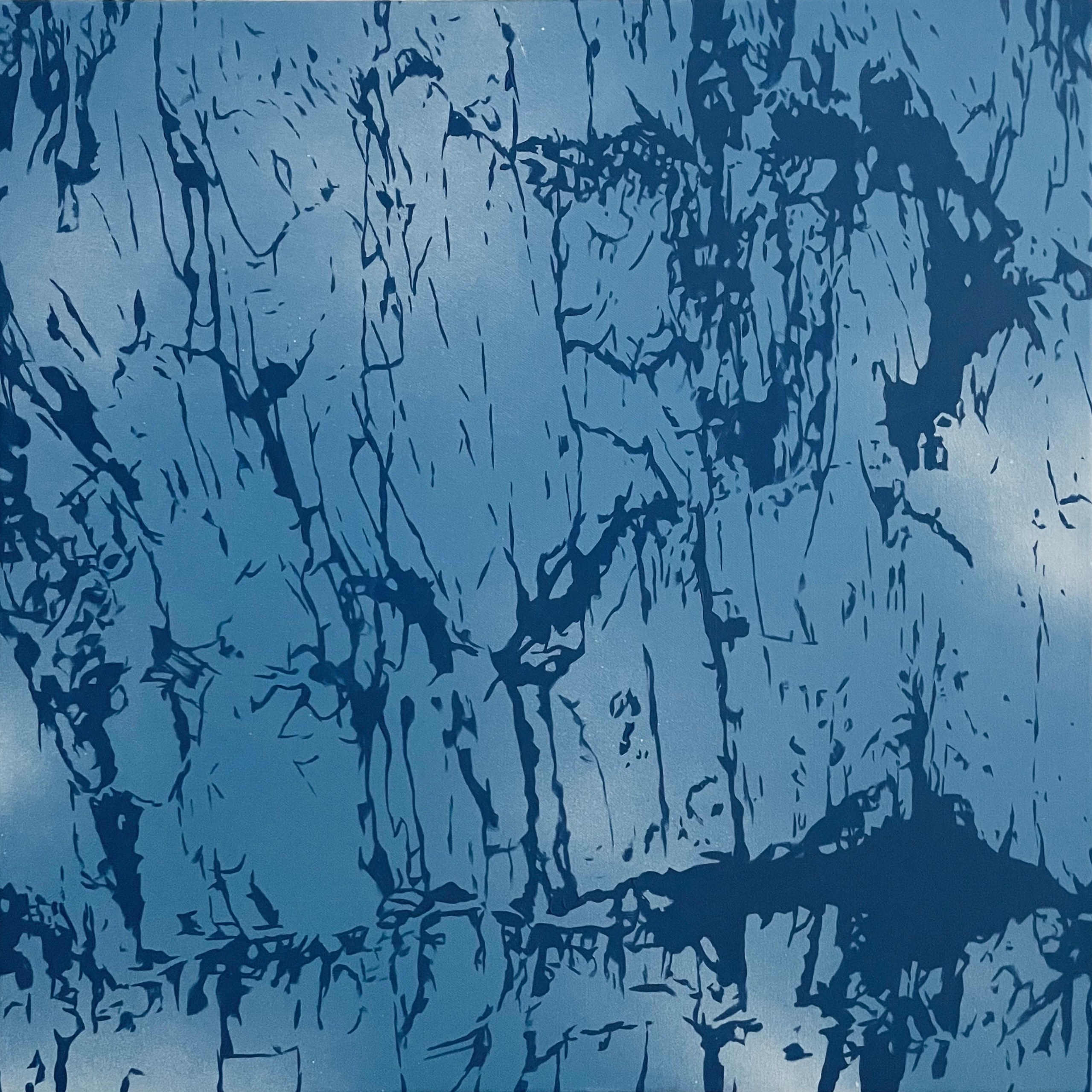 A blue and white painting of a tree trunk.