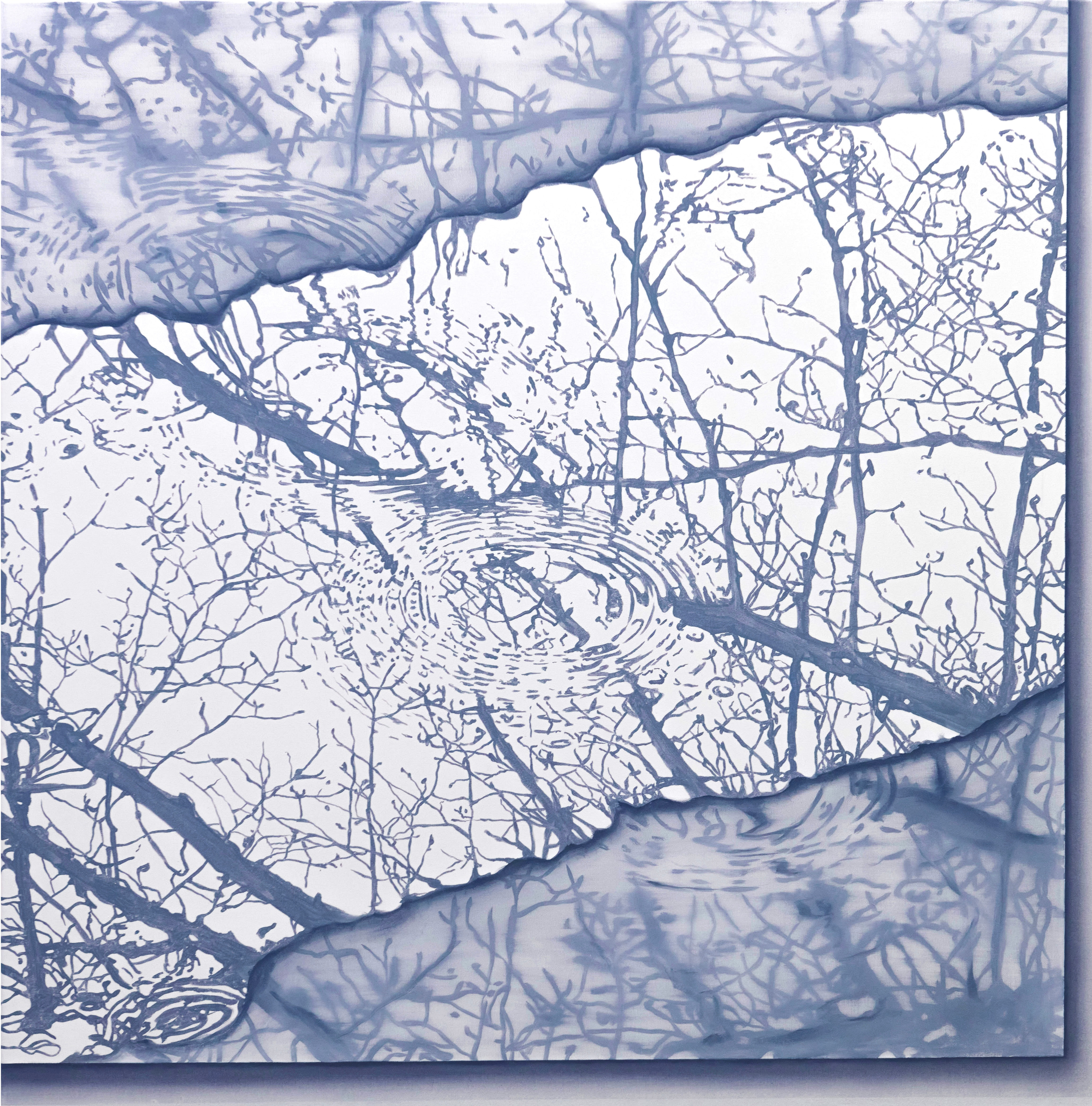 A blue and white drawing of trees in the snow.